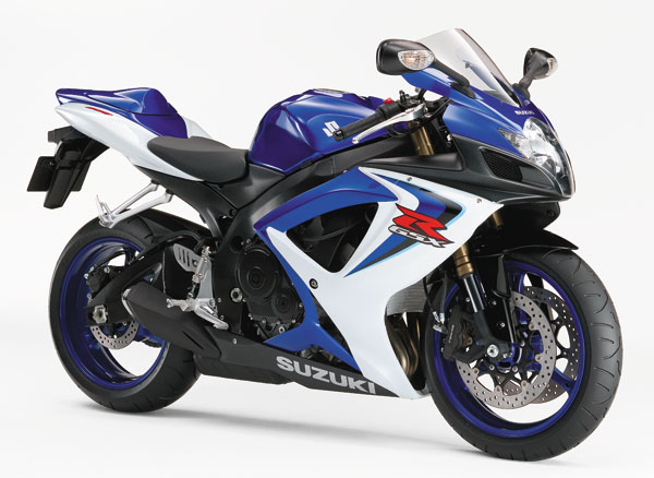 Eine sportliche Suzuki GSX-R mit auffälligem blau-weißem Design und leistungsstarkem Motor, ideal für Motorradliebhaber.