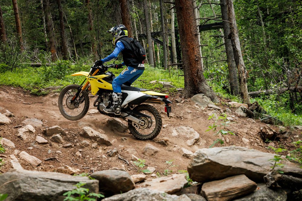 Motorradfahrer auf einem gelben Enduro-Motorrad fährt einen steilen, felsigen Waldweg.