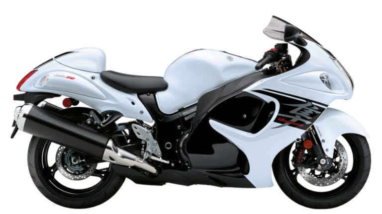 Die Suzuki Hayabusa in Weiß und Schwarz ist ein leistungsstarkes Sportmotorrad, das für Geschwindigkeit und Fahrvergnügen steht.